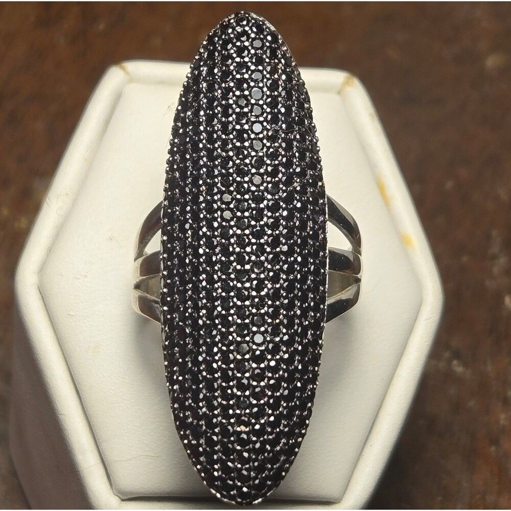 Large Oval Black Sparkles Vintage Sterling Silver Ring Sz 8